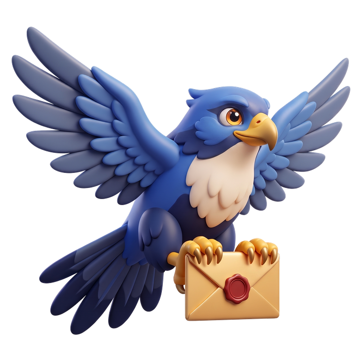 A friendly blue hawk holding a sealed envelope
